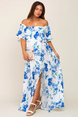 Blue Floral Overlay Off-Shoulder Side Slit Maternity Maxi Dress