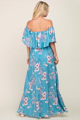 Aqua Floral Overlay Off-Shoulder Side Slit Maxi Dress