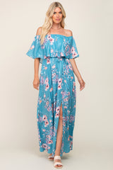 Aqua Floral Overlay Off-Shoulder Side Slit Maxi Dress