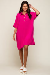 Fuchsia Linen Front Button Collared Dress