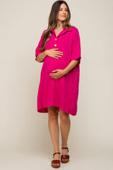 Fuchsia Linen Front Button Collared Maternity Dress