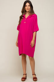 Fuchsia Linen Front Button Collared Maternity Dress