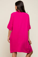 Fuchsia Linen Front Button Collared Dress