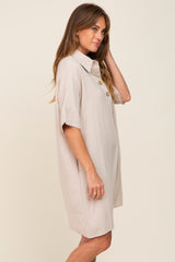 Beige Linen Front Button Collared Dress