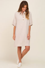 Beige Linen Front Button Collared Dress