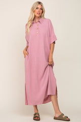 Pink Collared Linen Maternity Maxi Dress