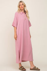 Pink Collared Linen Maxi Dress