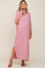 Pink Collared Linen Maternity Maxi Dress