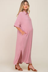 Pink Collared Linen Maternity Maxi Dress