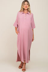 Pink Collared Linen Maternity Maxi Dress