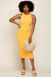 Gold Sleeveless Ribbed Knit Fitted Midi Dress