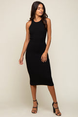 Black Sleeveless Ribbed Knit Fitted Maternity Midi Dress