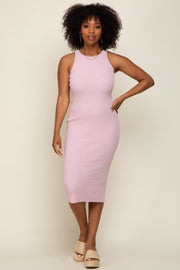 Light Pink Sleeveless Ribbed Knit Fitted Midi Dress