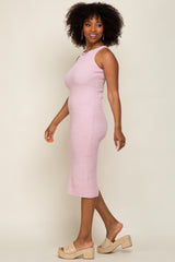 Light Pink Sleeveless Ribbed Knit Fitted Midi Dress