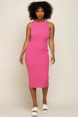 Fuchsia Sleeveless Ribbed Knit Fitted Midi Dress