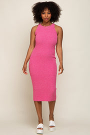 Fuchsia Sleeveless Ribbed Knit Fitted Midi Dress