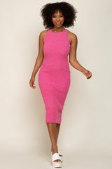 Fuchsia Sleeveless Ribbed Knit Fitted Midi Dress