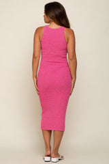 Fuchsia Sleeveless Ribbed Knit Fitted Maternity Midi Dress