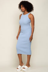 Light Blue Sleeveless Ribbed Knit Fitted Midi Dress