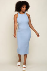 Light Blue Sleeveless Ribbed Knit Fitted Midi Dress