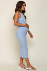 Light Blue Sleeveless Ribbed Knit Fitted Maternity Midi Dress