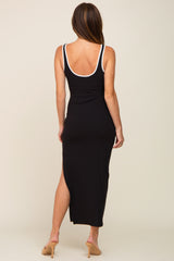 Black Ribbed Colorblock Scoop Back Side Slit Maxi Dress