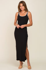 Black Ribbed Colorblock Scoop Back Side Slit Maxi Dress