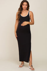 Black Ribbed Colorblock Scoop Back Side Slit Maternity Maxi Dress