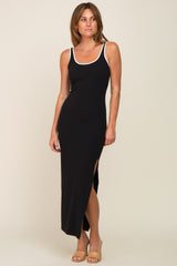 Black Ribbed Colorblock Scoop Back Side Slit Maternity Maxi Dress