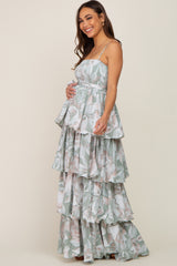 Mint Green Floral Ruffle Tiered Smocked Maternity Maxi Dress