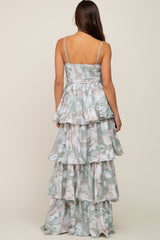 Mint Green Floral Ruffle Tiered Smocked Maternity Maxi Dress