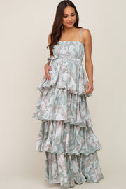 Mint Green Floral Ruffle Tiered Smocked Maternity Maxi Dress