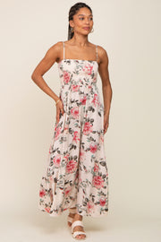 Pink Floral Smocked Square Neck Maxi Dress