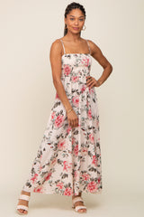 Pink Floral Smocked Square Neck Maxi Dress