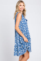 Blue Leaf Print Front Tassel Tie Tiered Dress