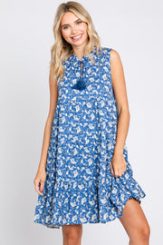 Blue Leaf Print Front Tassel Tie Tiered Dress