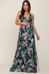 Black Tropical Floral Chiffon Wrap Front Maternity Maxi Dress