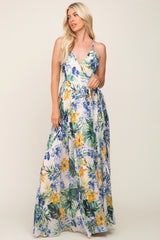 Cream Tropical Floral Chiffon Wrap Front Maternity Maxi Dress