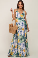 Cream Tropical Floral Chiffon Wrap Front Maternity Maxi Dress