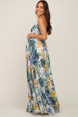 Cream Tropical Floral Chiffon Wrap Front Maternity Maxi Dress