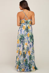 Cream Tropical Floral Chiffon Wrap Front Maternity Maxi Dress