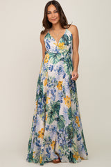 Cream Tropical Floral Chiffon Wrap Front Maternity Maxi Dress