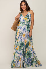 Cream Tropical Floral Chiffon Wrap Front Maternity Maxi Dress