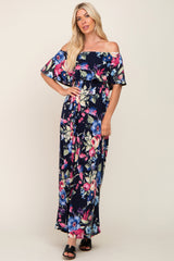 Navy Floral Off Shoulder Flounce Maternity Maxi Dress