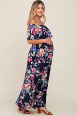 Navy Floral Off Shoulder Flounce Maternity Maxi Dress