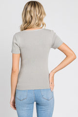 Grey Ribbed Knit Fitted Top