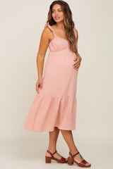 Light Pink Gauze Ruffle Maternity Midi Dress