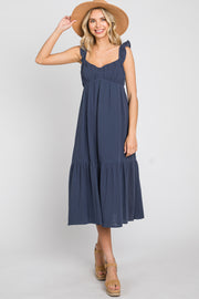 Navy Gauze Ruffle Midi Dress