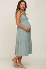 Sage Gauze Ruffle Maternity Midi Dress