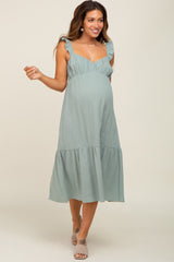 Sage Gauze Ruffle Maternity Midi Dress